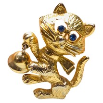 Vintage Avon Cat with Blue Rhinestone Eyes Dangle Bell Gold Tone Brooch Pin - $11.97