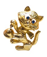 Vintage Avon Cat with Blue Rhinestone Eyes Dangle Bell Gold Tone Brooch Pin - $21.58 CAD