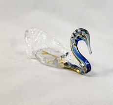 Art Glass Swan 4&quot; Candy Trinket Dish Blue Yellow White Hand Blown Stretch - £12.86 GBP