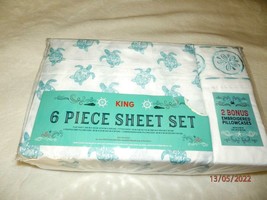 New Coastal King Sea Turtle Sheet Set Microfiber Fitted Flat &amp; 4 Pillowcases - $74.24