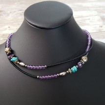 Vintage Necklace - Beaded Purple, Blue, Black, Silver Tone (Can Be Layered) - £8.63 GBP