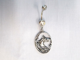 HORSE HEAD w FEATHERS IN OVAL SHAPE DANGLING PEWTER CLEAR 14g BELLY RING - $7.99