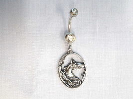 HORSE HEAD w FEATHERS IN OVAL SHAPE DANGLING PEWTER CLEAR 14g BELLY RING - £6.27 GBP