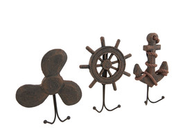 Zeckos Set of 3 Weathered Finish Anchor Prop and Wheel Nautical Wall Hooks - £23.36 GBP