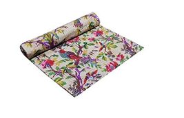 Traditional Jaipur Indian Bird Printed Kantha Quilt Handmade Cotton Throw Bedspr - £44.22 GBP+