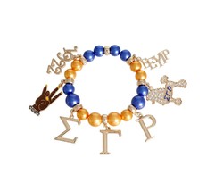 Blue Gold Pearls Hand Sign Letter Charms Gold Plated Stretch Fashion Bra... - £34.34 GBP