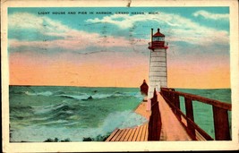 Lighthouse and Pier in Harbor, Grand Haven, MI White Border Postcard  bk53 - £5.56 GBP