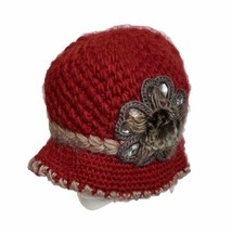 Wine Red Bucket Hat Crochet Brown Feather Flower &amp; Rhinestones Lined Winter - £11.04 GBP