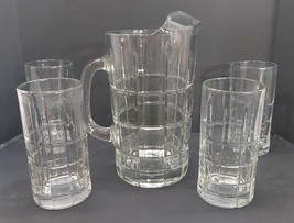 5 Piece Anchor-Hocking Iced Tea Pitcher &amp; 6&quot; Glass Set Tartan Pattern vintage - £37.78 GBP