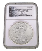 2011 Argento American Eagle Selezionato Da NGC Come MS70 Presto Stampe 25th Ann - £65.49 GBP