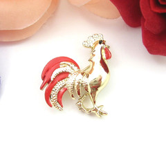  Rooster Brooch Vintage Pin Male Chicken Cock A Doodle Doo! Goldtone Red Gerry&#39;s - £14.78 GBP