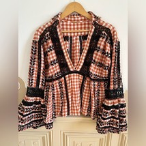 Dodo Bar Or Angel M Gingham Lace Embroidered Smocked Blouse Top Bell Sleeve - $1,011.91 MXN