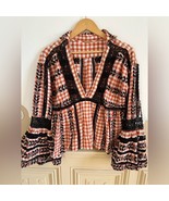 Dodo Bar Or Angel M Gingham Lace Embroidered Smocked Blouse Top Bell Sleeve - $53.90