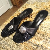 Brighton Kaye Black Leather Medallion Mules Kitten Heels Women’s Size 7.5 N - $44.55