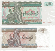 MYANMAR 5 &amp; 20 Kyats, UNC. Banknotes  # 1 - $3.95