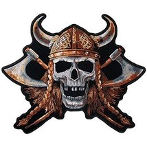 Viking Skull, Iron-On/Sew-On, Heat Sealed Backing Rayon Patch - 12" x 10" - $15.99