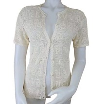 Hand Crochet Silk Sweater Womens M Ivory Medallion Short Sleeve Button C... - $40.30