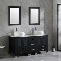 60&quot; Double Sink Bathroom Vanity Cabinet Set Ceramic Sink Mirror Faucet Black New - £783.36 GBP