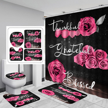 4Pcs Pink Rose Shower Curtain Sets, Thankful Grateful Blessed Bathroom Curtain w - £30.94 GBP