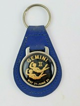 Vintage Gemini II leather keychain keyring metal back Blue w Black Face - $10.29