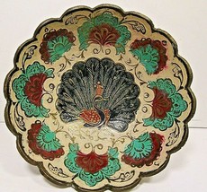 Vintage Brass Multi-Color Peacock Hand painted India Dish Collectible - £14.78 GBP