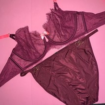 NWT Victoria&#39;s Secret unlined 36C BRA SET XL PANTY burgundy Maroon Red Pink Bow - $59.39