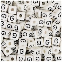 BeadTin White Opaque 10mm Cube Plastic Alphabet Beads- Black Letter G (2... - $2.09