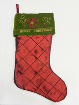 Maroon Quilted Silk Christmas Stocking W/BEAUTIFULLY Embroidered Holly Leaf Cuff - $14.88