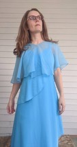 70s Vintage Blue Gown Formal Maxi Dress with Sheer Cape XS - £53.49 GBP