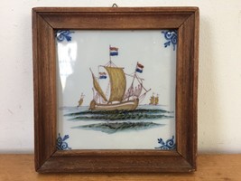 Vtg Antique Dutch Delft Makkum Holland Sailing Ship Hand Painted Polychrome Tile - £160.25 GBP