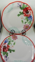 Pioneer Woman Country Garden Floral Dinner Plates Set of 2 Scalloped Red Trim - £15.17 GBP