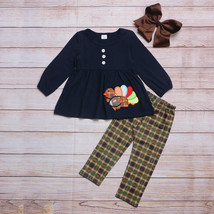 NEW Boutique Thanksgiving Football Turkey Girls Tunic Plaid Leggings Outfit Set - £8.62 GBP