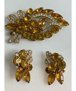 Vintage Eisenberg Ice Goldtone Amber Orange Rhinestone Brooch Earring Se... - £58.39 GBP