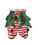 DAN DEE CHRISTMAS ELF SANTA SLIPPERS L/XL 9-11 Jingle Bells Striped Pepp... - £23.50 GBP