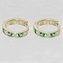 Hoop Huggie Earrings Simulated Emerald &amp; Diamond 14K Yellow Gold Plated Silver - £97.50 GBP