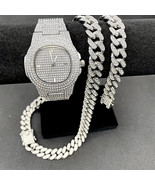 Men&#39;s Rhinestone Studded Alloy Wrist Watch And Cuban Chain Necklace Brac... - £17.46 GBP