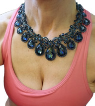 Rhinestone Crystal Necklace Set, Pageant or Prom Jewelry, Navy Statement Necklac - £82.81 GBP
