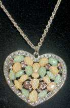 Silver Colored Rhinestone and Faux Opal Stone Heart Necklace with 17&quot; Chain - $21.55