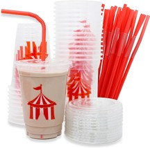 Carnival Party 16 oz Disposable Plastic Cups with Lids and Straws 24pcs ... - £29.62 GBP