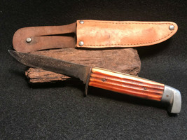 Vtg Bone Handle Scout Fixed Blade Bone Handle with Leather Sheath - £39.46 GBP
