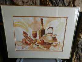 Kitchen Wine Bottle, Fruit Watercolor Painting by Frances Parks Framed &amp;... - $200.00