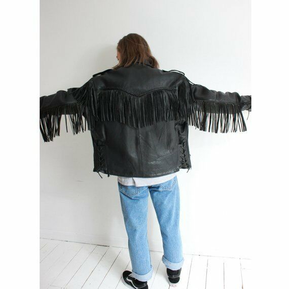 Men's Black Biker Genuine Finished Cow Leather Western Fringed Handmade Jacket