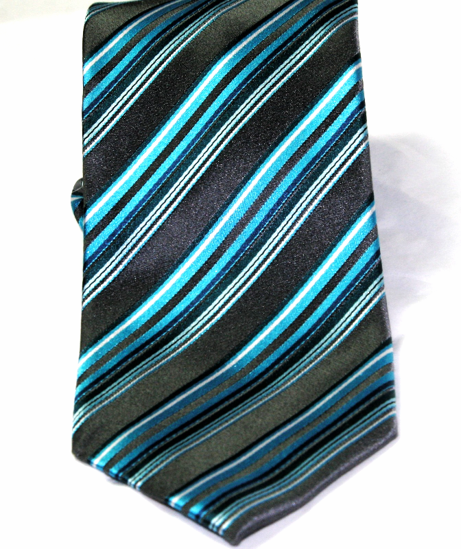 George  Men&#39;s Necktie Shiny 100% Silk Striped Gray/Teal/Navy  - $7.31