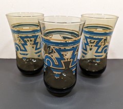 Lot 3 Vtg Anchor Hocking Smoked Glass Blue Brown Aztec Design 6&quot; Glass T... - £22.41 GBP