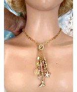 Golden Pink Ocean Themed Charm Necklace With Paperclip Chain - $19.79