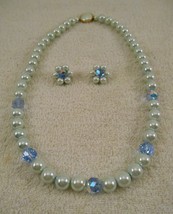 Vintage Light Blue Round Bead Necklace and  Clip On Earrings Set Beautif... - £11.57 GBP