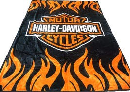 Super Soft Plush Classic Black Harley Davidson Blanket / Throw Full Or, Orange - £46.35 GBP