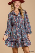 Navy Blue Collared neckline button down floral print dress with crochet ... - £22.82 GBP