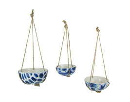 Set of 3 Blue and White Shibori Style Dyed Ceramic Hanging Mini Planters - £29.20 GBP