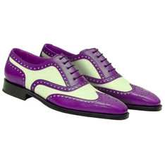 Two Tone White Purple Cont Oxford Brogue Toe Wing Tip Black Sole Leather... - $149.99+